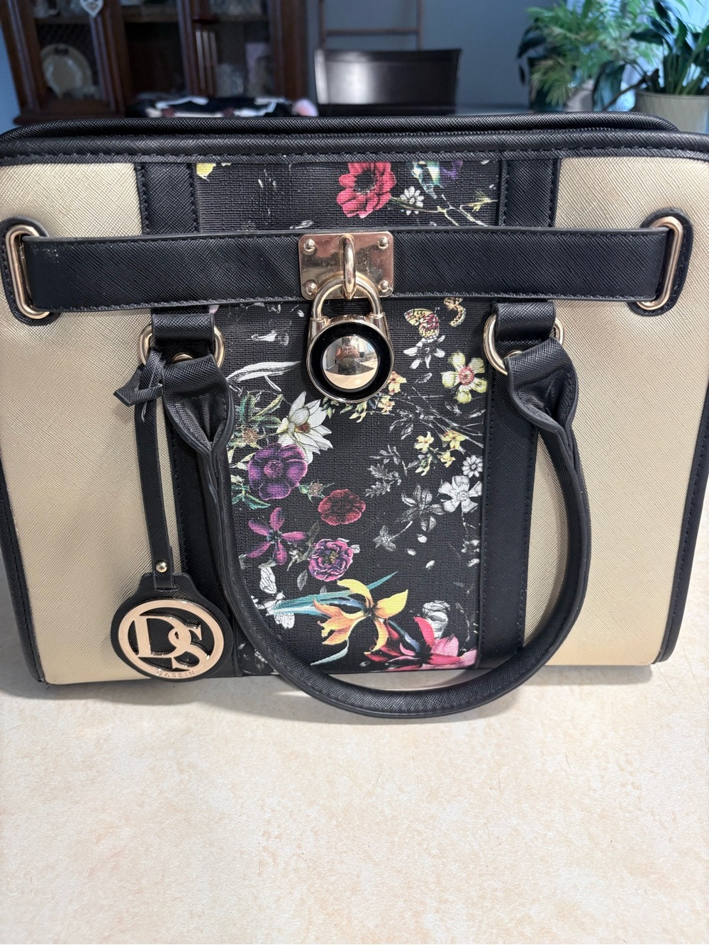 Black & Cream Floral Accent Satchel Handbag